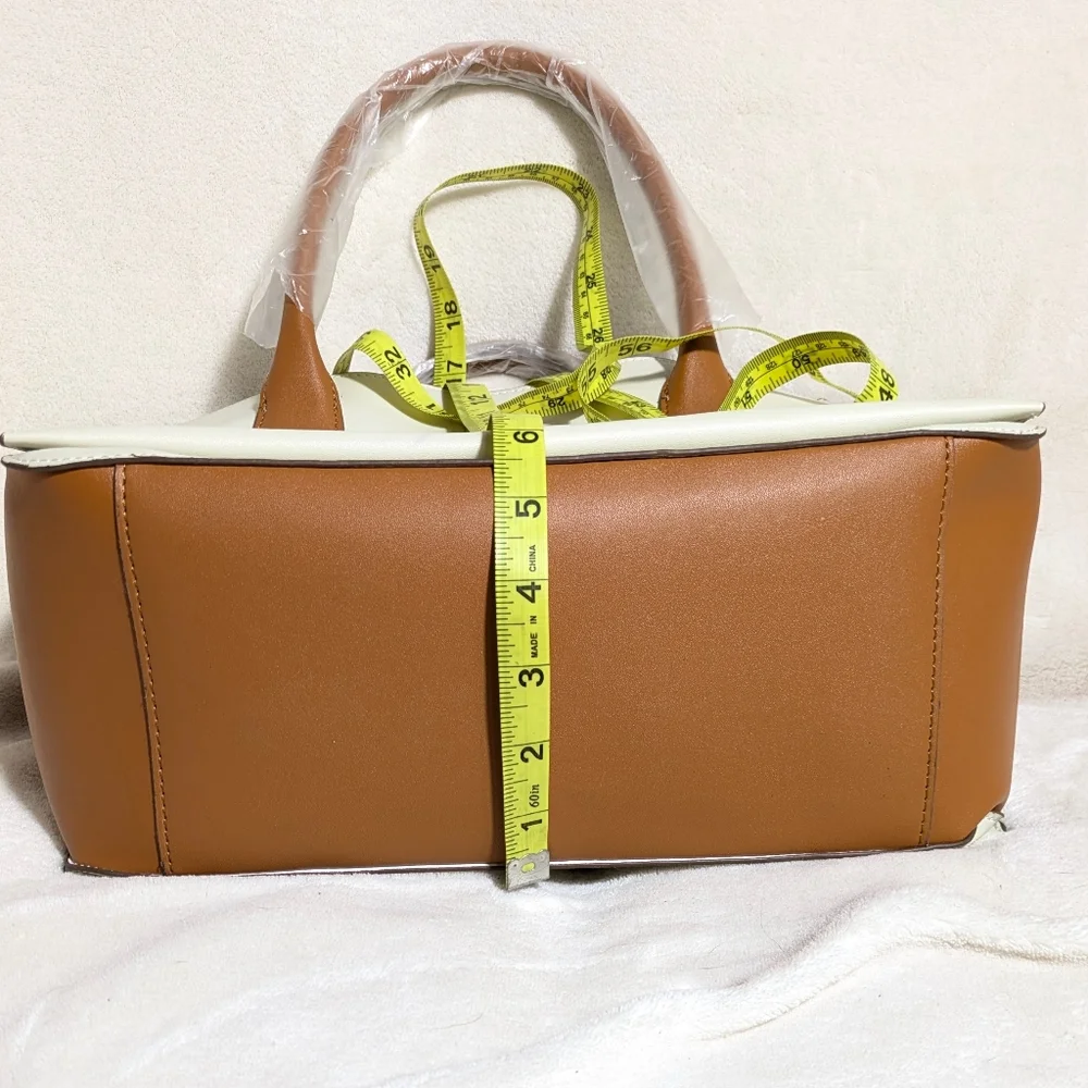 NWOT Loulu‎ Cream Brown Purse Tote Vegan Leather Detachable Crossbody Strap